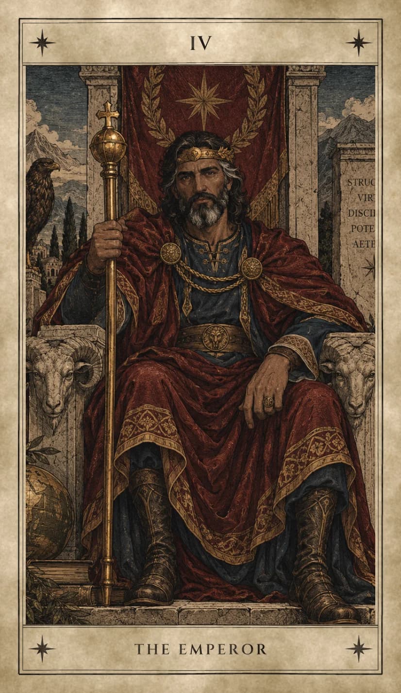 A bearded man with a gold circlet sits square on a stone throne carved with rams’ heads, holding a gold sceptre topped with an orb and cross, in a red cloak over a blue tunic, with an eagle perched on a pillar, a globe resting on books at his feet, a stone plaque carved with Latin words and mountains behind him.