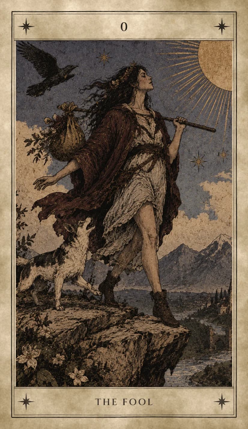 A young woman with flowers in her long dark hair strides to the edge of a cliff, eyes closed and face turned up to a large sun, a bundle tied to a staff over her shoulder, a black-and-white dog leaping at her heels and a raven flying overhead, with mountains, a river and a walled town in the valley below.