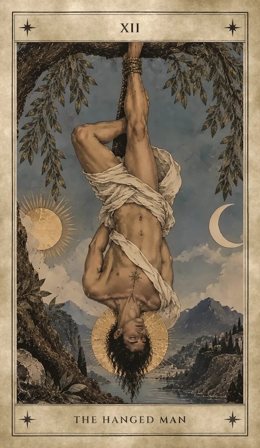 A man hangs upside down by one roped ankle from a leafy tree branch, his other leg bent behind, arms behind his back and a white cloth around his waist, eyes closed and calm, a gold halo around his head, a sun on one side, a crescent moon on the other and a lake and hill town below.