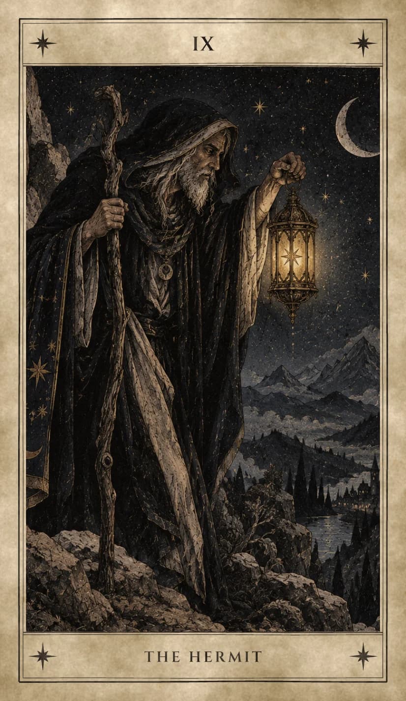 An old bearded man in a dark hooded cloak edged with stars stands on a rocky mountain ledge at night, leaning on a gnarled staff and holding out an ornate lantern with a star glowing inside, a crescent moon above and a lit village by a river far below.