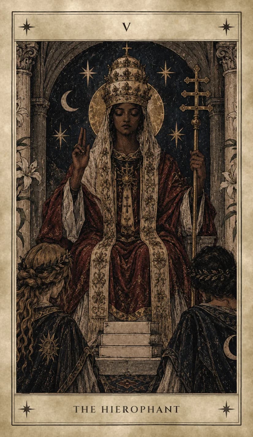A veiled woman with dark skin and closed eyes, a gold halo behind her tall triple crown, sits enthroned in a red robe and embroidered cream stole, one hand raised in blessing and the other holding a triple-barred gold cross, while two figures in laurel wreaths kneel before her, one cloak marked with a sun and one with a crescent moon, beneath an arch of stars and a crescent moon.