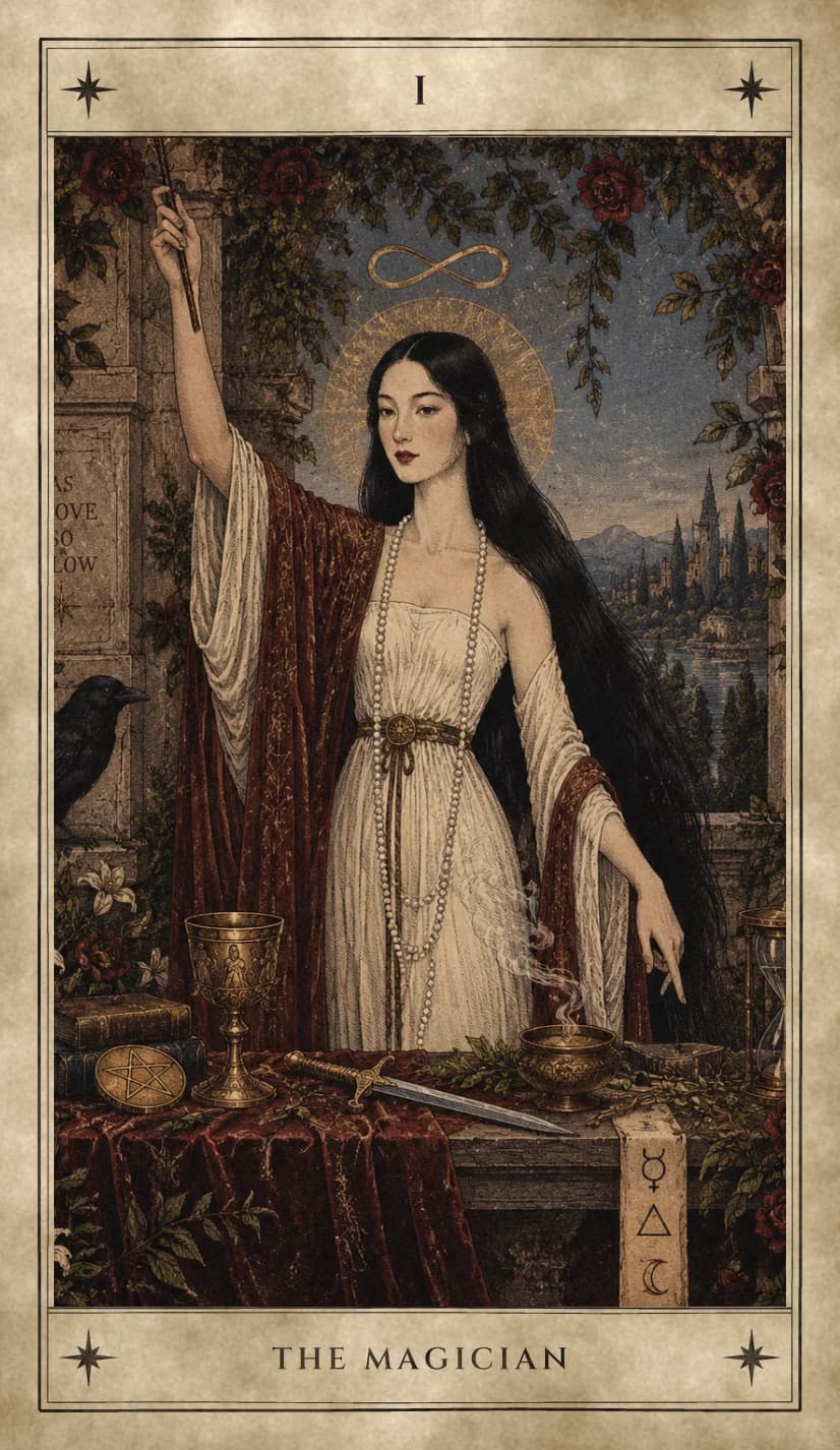 A woman with very long black hair and a gold halo raises a wand in one hand and points down with the other, an infinity sign above her head, a raven on a stone ledge beside her, and a red-draped table before her holding a gold chalice, a pentacle, a sword, a smoking bowl and books, with an hourglass, roses and a lakeside town behind.