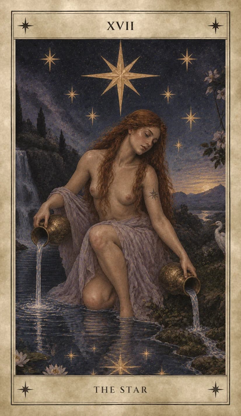 A red-haired woman in a sheer lilac drape kneels at the edge of a night pool, pouring water from two brass jugs, one into the pool and one onto the bank, beneath one large eight-pointed star and seven smaller ones, with a waterfall, a white heron, water lilies and a flowering branch around her.