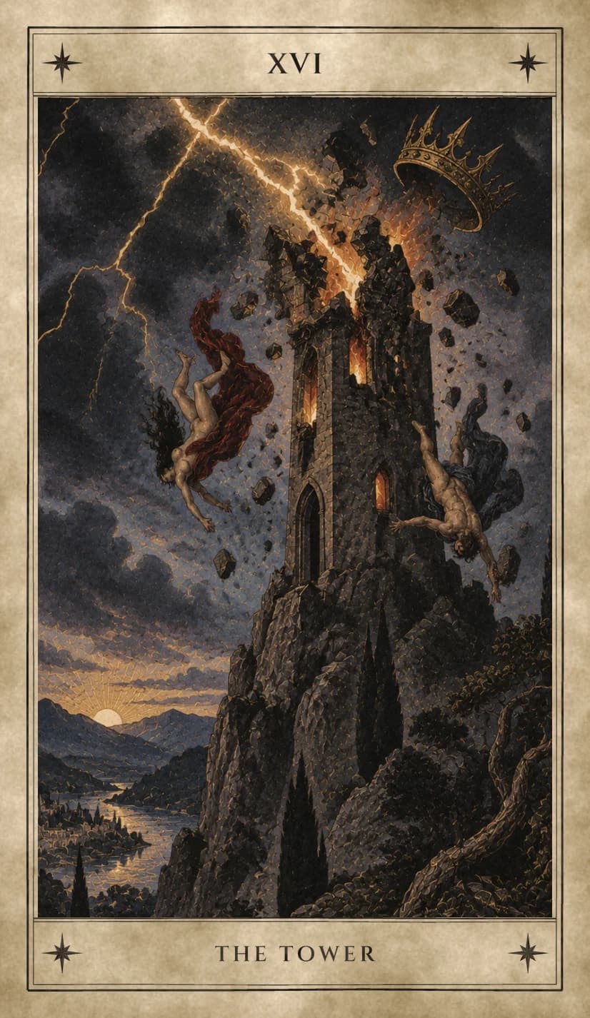 A stone tower on a dark rocky crag is struck by lightning, fire bursting from its top and windows, a golden crown flying off and stones scattering, as a woman in a red cloak and a man in dark blue fall head first, while far below a river valley and a town lie calm under a low sun.