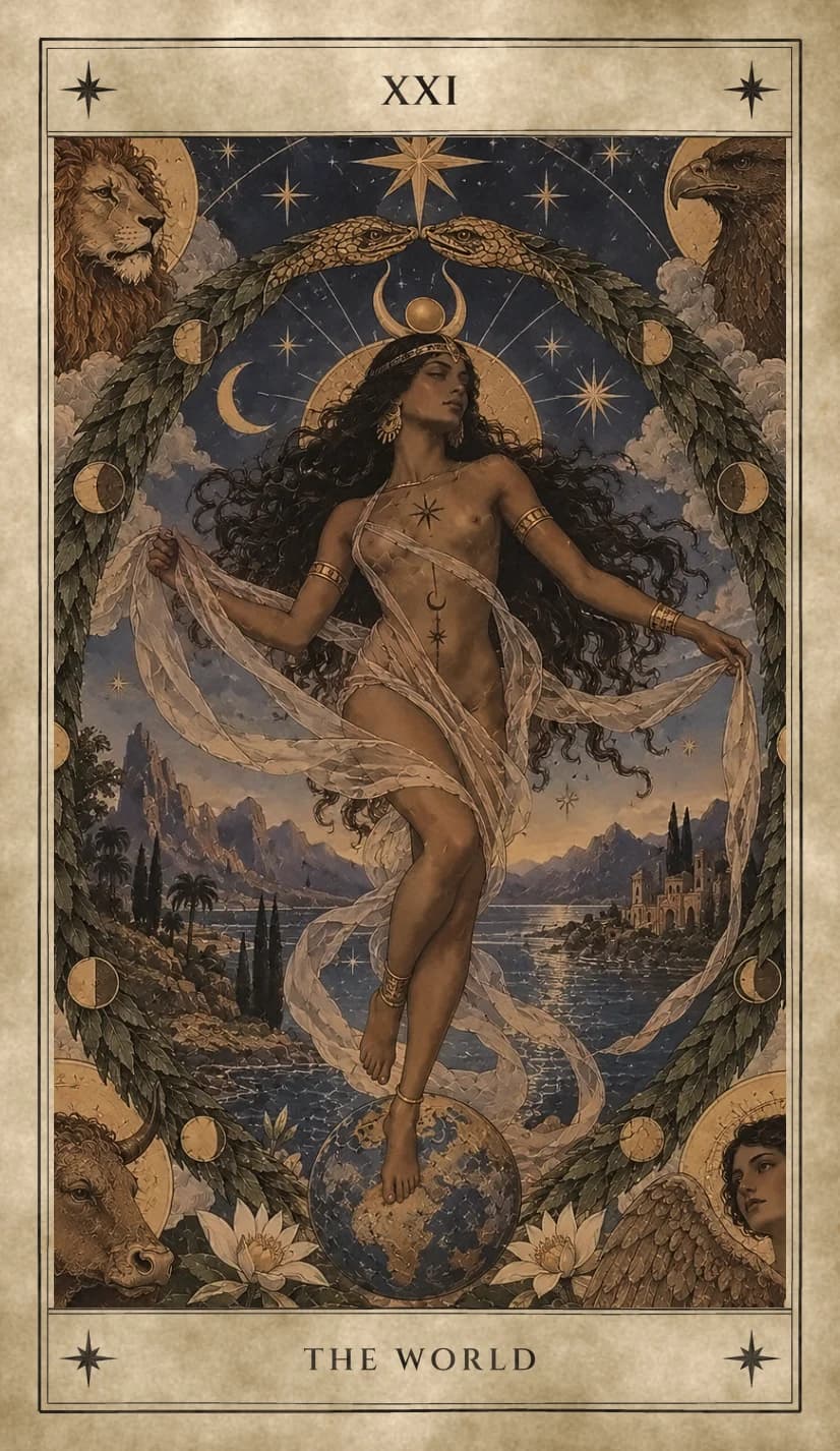 A dancer with long dark hair floats inside a leafy wreath set with moon phases, one foot resting on a small globe and a sheer veil swirling from her hands, two serpents meeting at the top of the wreath, a large star above, a lion, an eagle, a bull and a winged human face in the corners, and a calm sea, mountains, palms and a palace below.