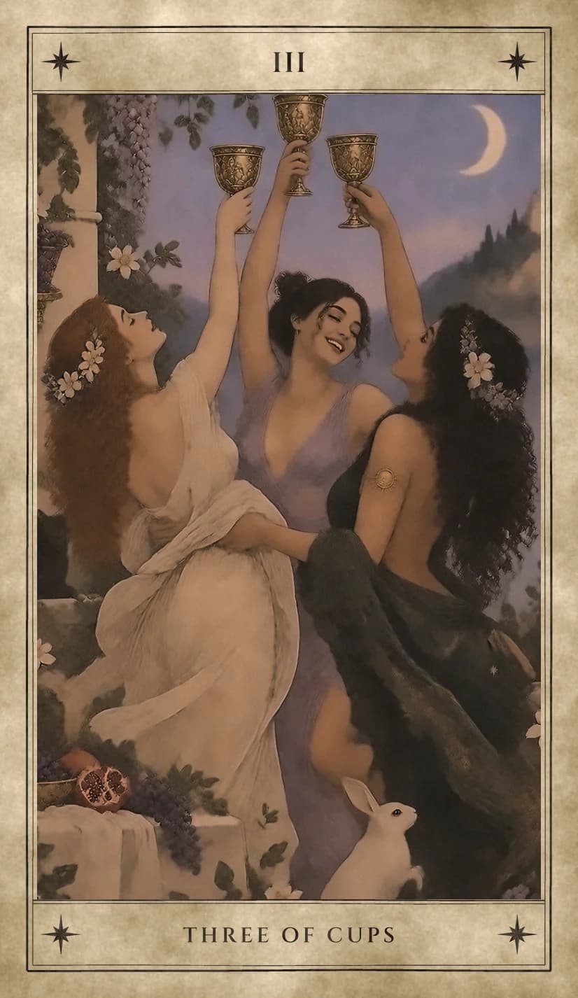 Three women with flowers in their hair raise three golden goblets high in a toast, the one in the middle laughing with her eyes closed, beneath hanging wisteria and a crescent moon, with grapes and a split pomegranate on a draped table and a white rabbit at their feet.