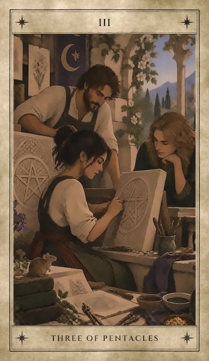 In a stone workshop, a young woman carves a pentacle into a stone slab while a bearded craftsman leans in and a long-haired figure watches, chin in hand. A finished carved pentacle sits on a block behind her and a pentacle plan lies drawn in an open book among tools, pigment bowls and a mouse on a stack of books.