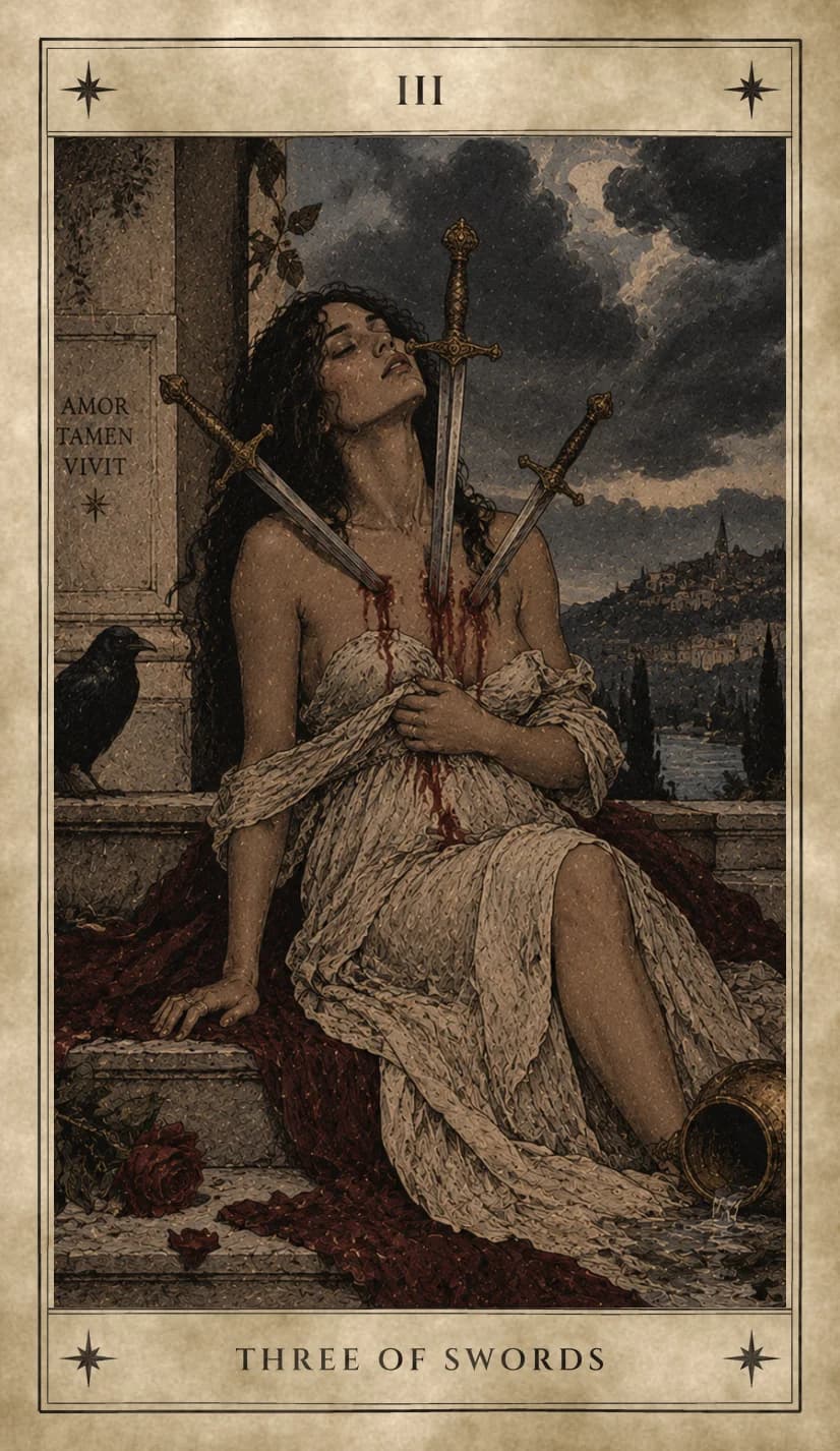 A woman seated on stone steps with three swords through her heart, eyes closed, a raven on the ledge beside her, a fallen rose and an overturned vessel at her feet, and a storm over a hill town behind her.