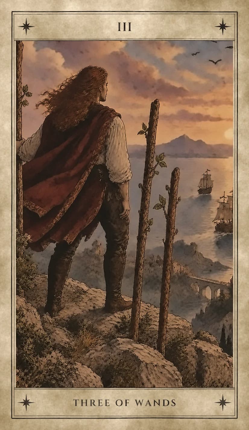 A long-haired man in a red cloak stands on a rocky clifftop with his back to us, one hand on a wand and two more wands planted in the rock beside him, watching two sailing ships cross a sunlit bay toward a far mountain, with birds overhead and an arched bridge on the shore below.