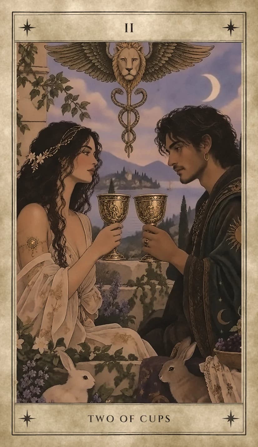 A woman with flowers in her hair and a man in a dark robe embroidered with a sun and a crescent moon raise two golden goblets toward each other beneath a winged lion head over a staff wound with two serpents, with a lake, an island town and two rabbits at their feet.