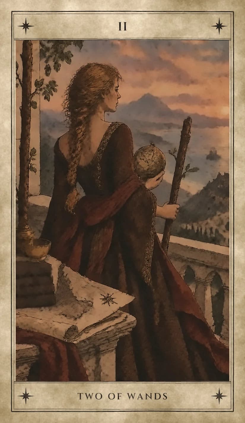 A woman in a long dark red gown, seen from behind with a single heavy braid, stands at a stone balustrade holding a globe in one hand and a wand in the other, a second leafing wand fixed upright beside her, a map, books and a brass bowl on the ledge, and mountains and water glowing at sunset beyond.