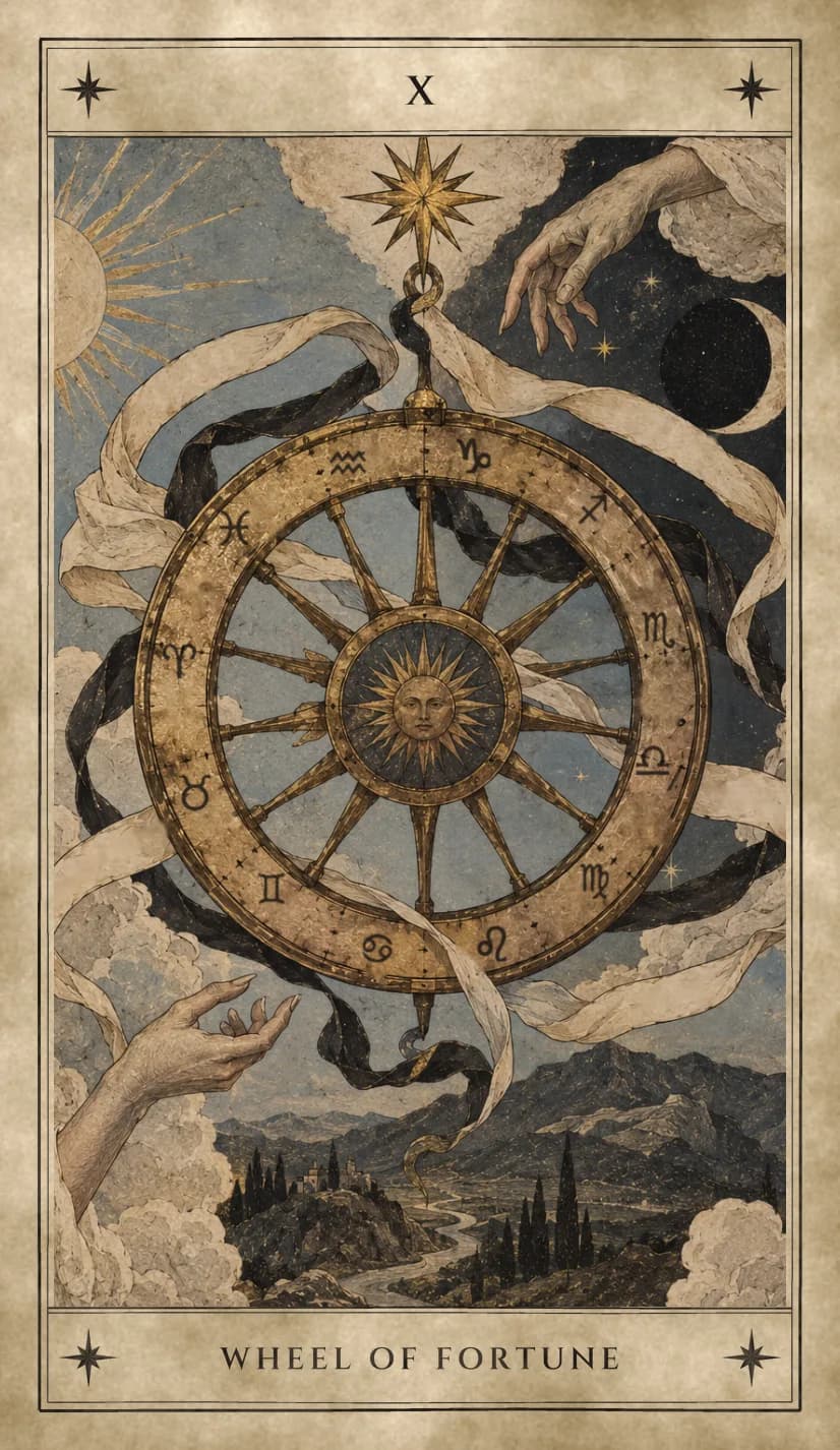 A great golden wheel with a sun face at its hub and astrological glyphs around its rim hangs from an eight-pointed star, wound with one pale and one dark ribbon, while a hand reaches down from the clouds above and another opens upward below, with a sun, a dark crescent moon and a river valley around it.