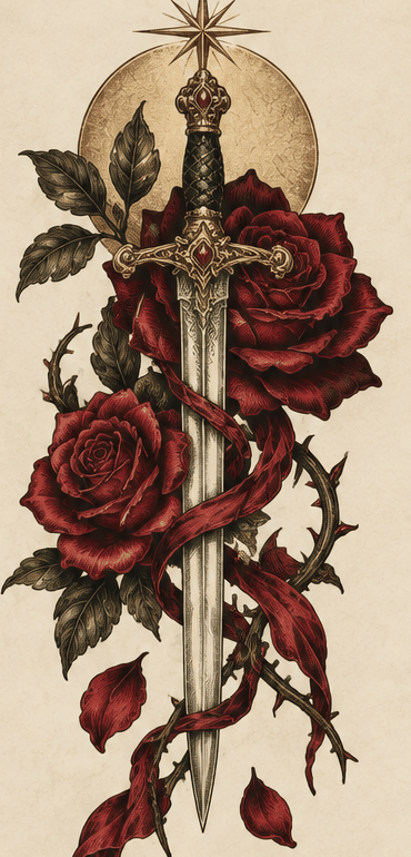 An engraved dagger wrapped in red roses and thorns
