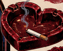 A red heart-shaped ashtray with a lit cigarette