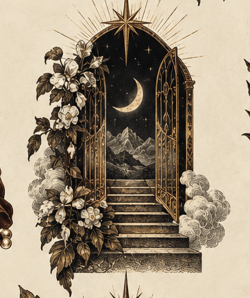 A moonlit doorway framed by roses and stars