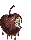 A red apple with one bite taken out, dripping