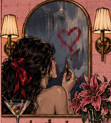 A woman drawing a heart on a vanity mirror in lipstick