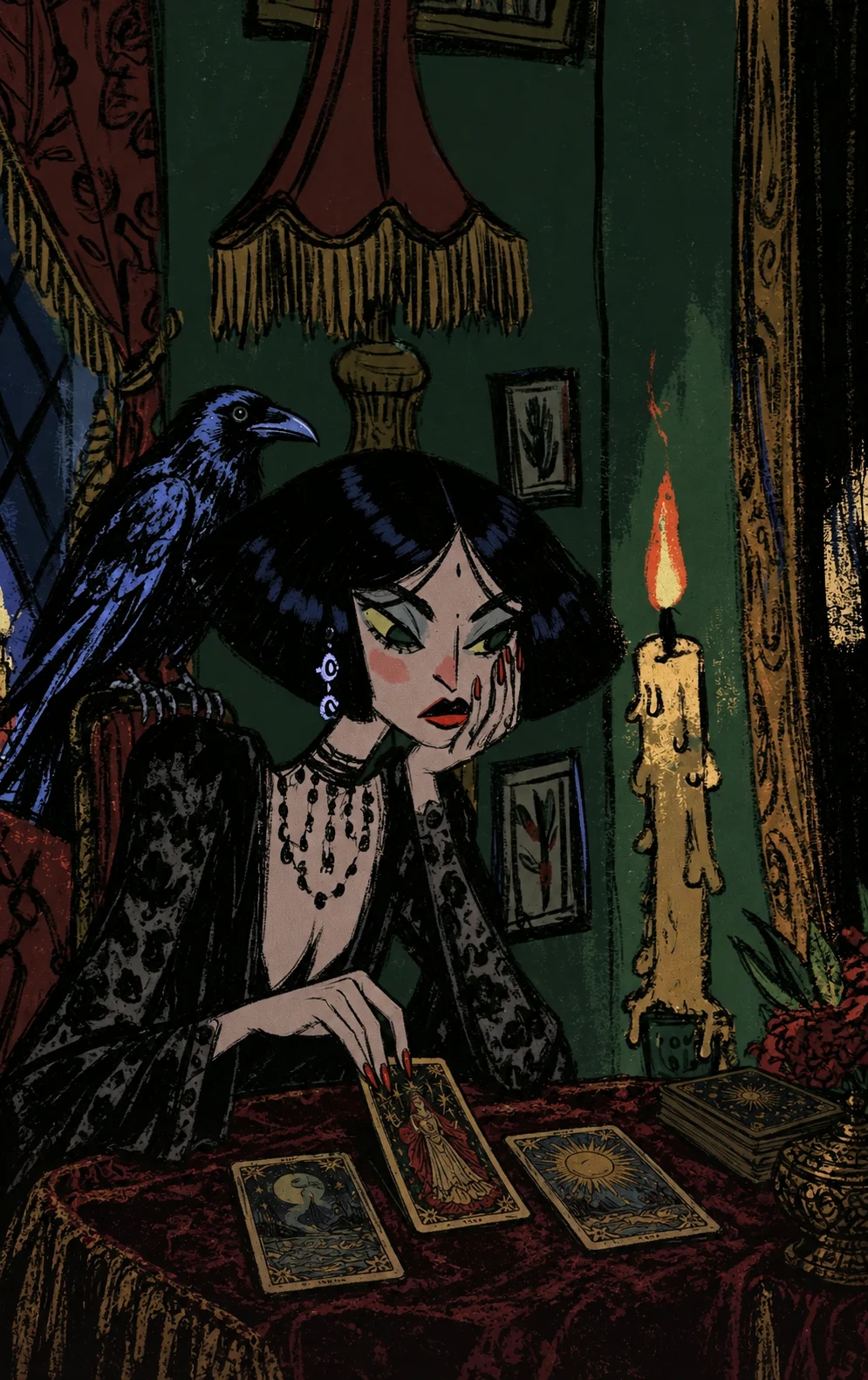 A woman in black lace reads tarot by candlelight, a raven on her chair.