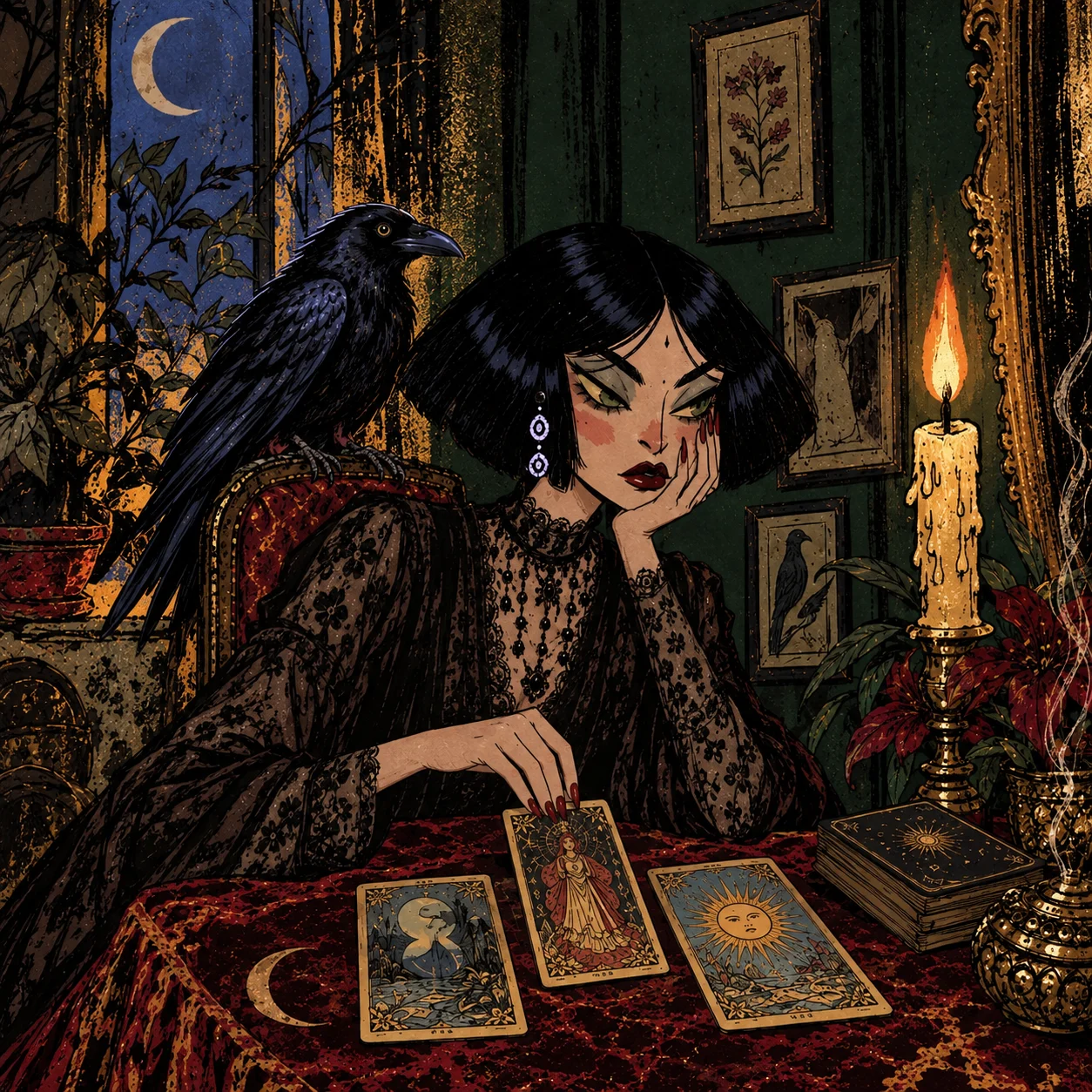A woman in black lace reads tarot by candlelight, a raven perched on her chair beside a moonlit window.