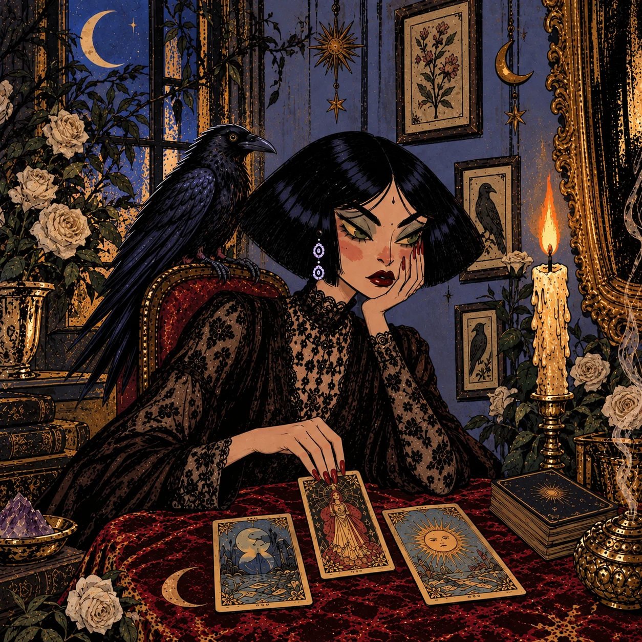 A woman in black lace reads tarot by candlelight among white roses, a raven perched on her chair beside a moonlit window.